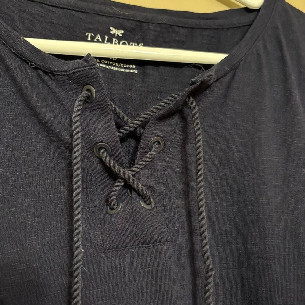 Talbots Short Sleeve Navy Blue Lace Up Cotton T-shirt Petite Large - Picture 5 of 8